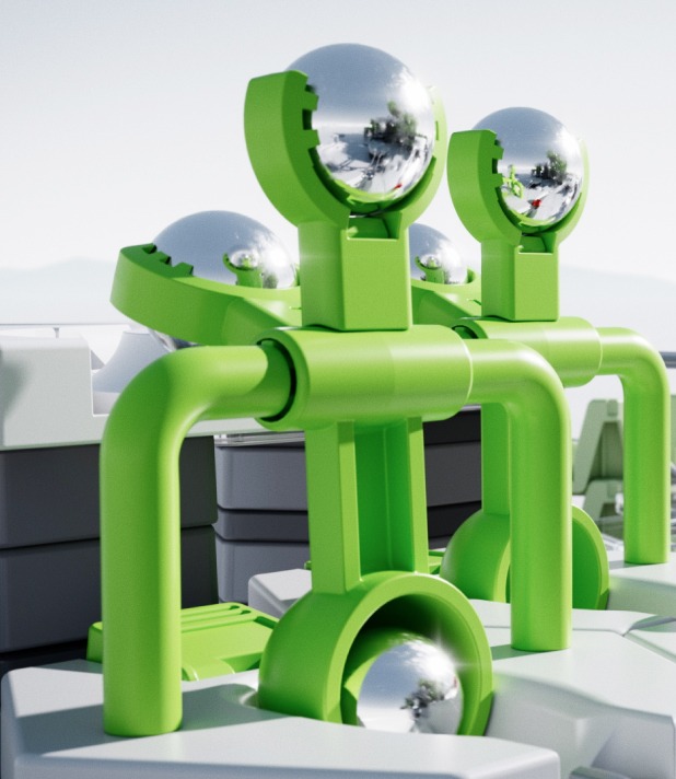 Grüne Struktur mit reflektierenden Kugeln auf einem Dach im Freien, moderner architektonischer Stil.