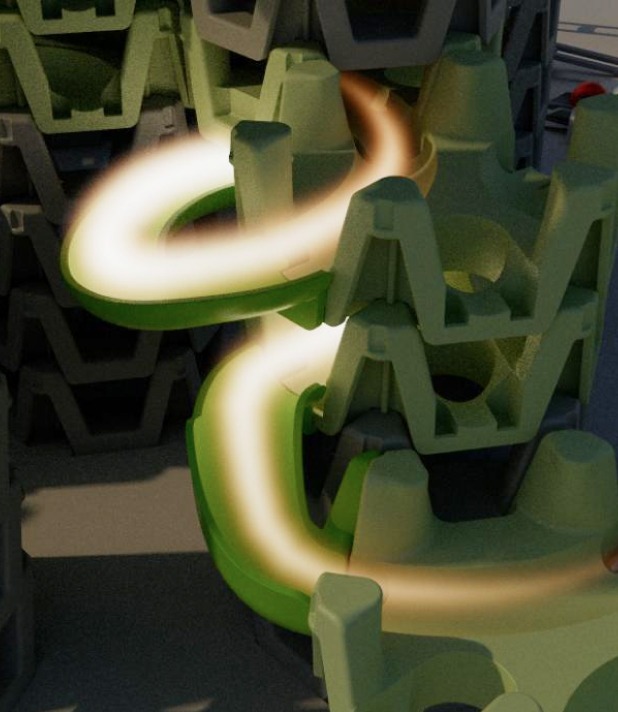 Grüne Kunststoffstruktur mit spiralförmigem Leuchteffekt, der durch die Form verläuft.