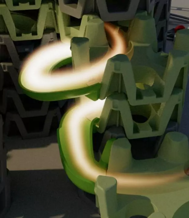 Grüne Kunststoffstruktur mit spiralförmigem Leuchteffekt, der durch die Form verläuft.