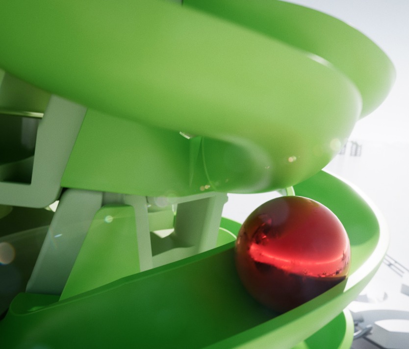 Grüne Kugelbahn mit roter Kugel, Nahaufnahme einer wirbelnden Struktur für Spielzeug oder Mechanik.