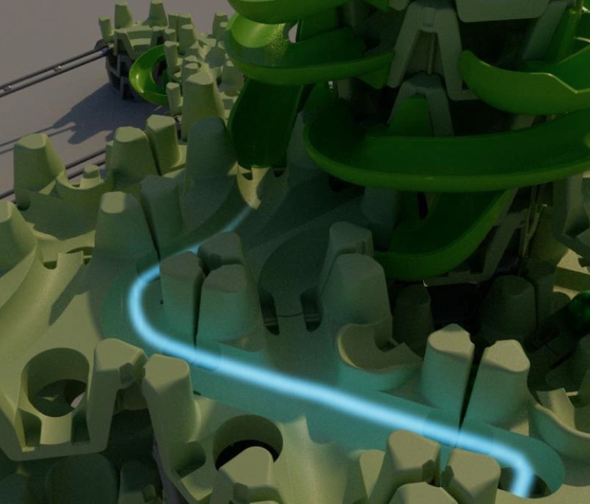 Futuristische grüne Struktur mit leuchtendem blauem Pfad, der durch eine labyrinthartige Formation führt.