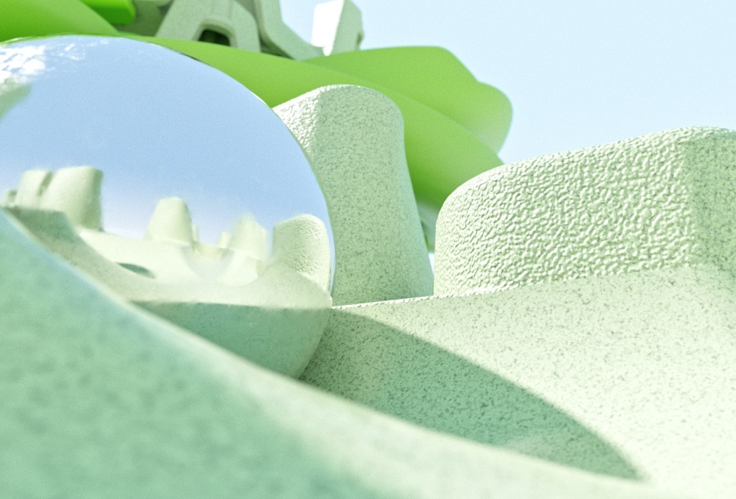 Abstrakte grüne Strukturen und reflektierende Kugel, die moderne Architektur darstellen.