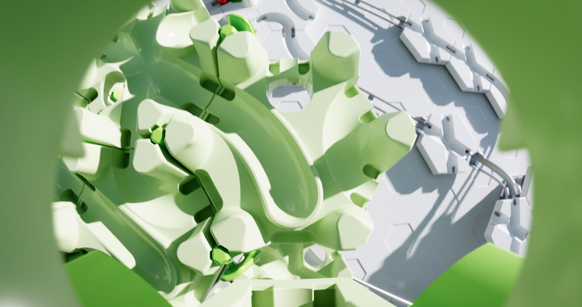 Abstrakte grüne und weiße geometrische Struktur mit räumlichem, kunstvollem Design und moderner Ästhetik.