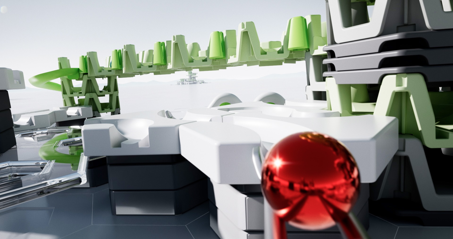 Futuristisches Kugelbahn-Design mit grünen und weißen Elementen und einer glänzenden roten Kugel im Vordergrund.