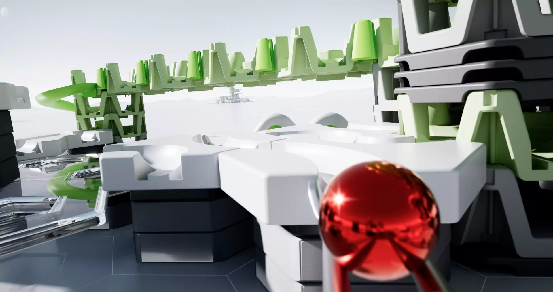 Futuristisches Kugelbahn-Design mit grünen und weißen Elementen und einer glänzenden roten Kugel im Vordergrund.