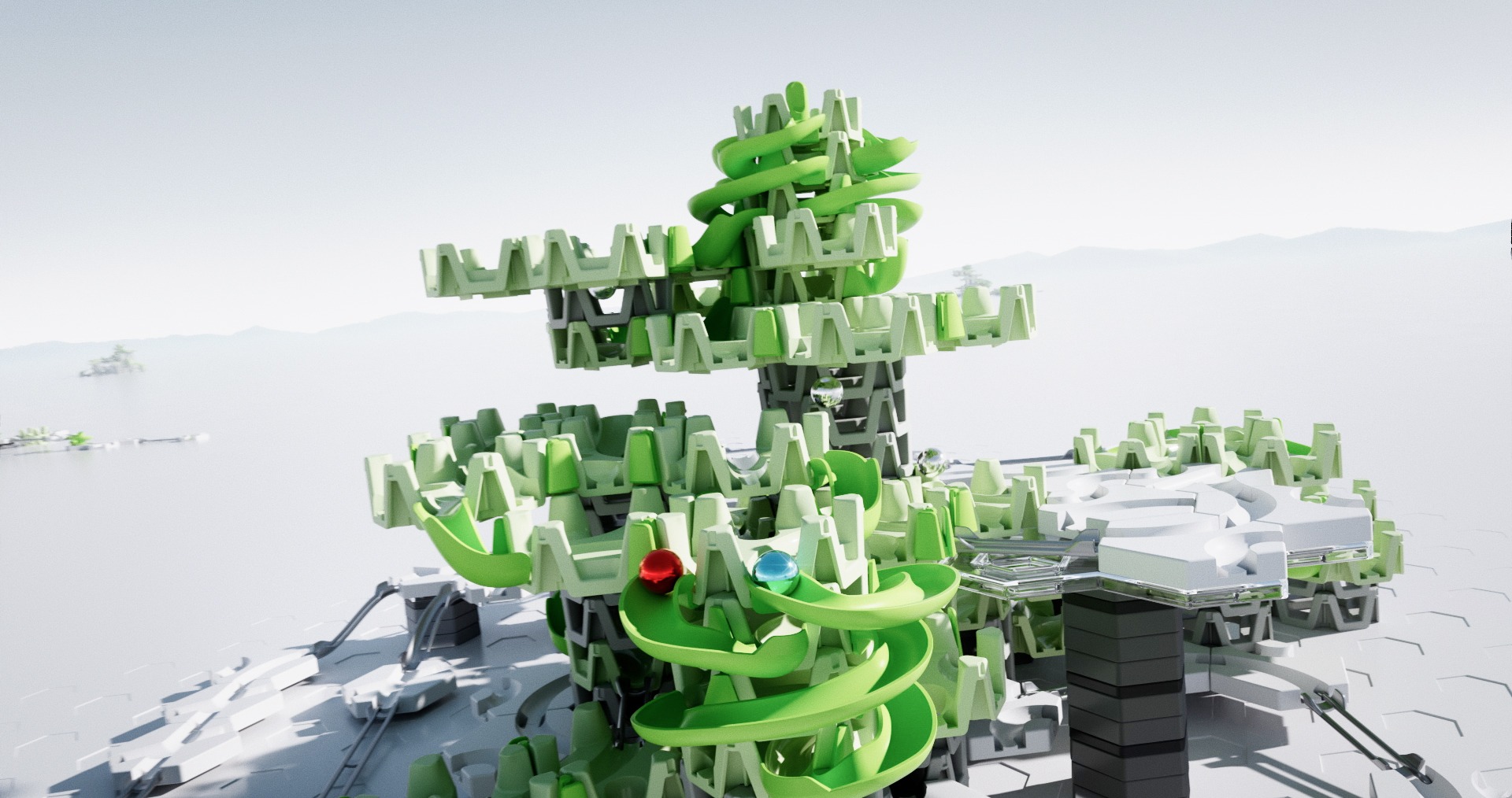 Grüne und weiße modulare Struktur mit spiralförmigen Bahnen und Kugeln, futuristisches Design, helle Umgebung.