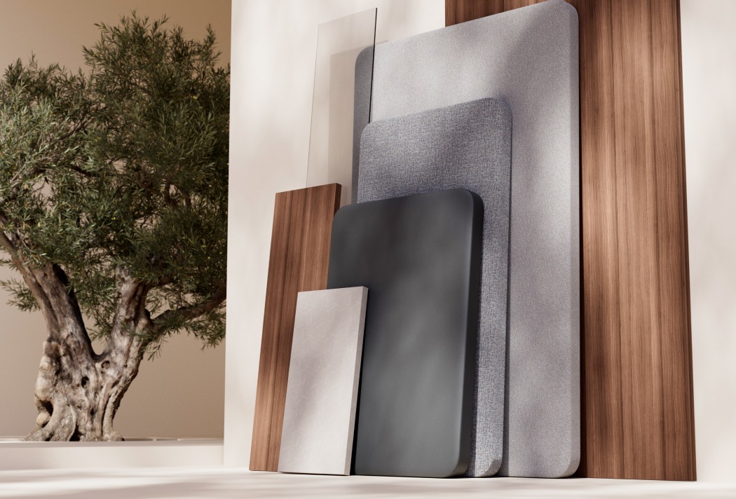 Moderne Inneneinrichtungsmaterialien mit Holz und Stoff vor einem Baum, Designkonzept im minimalistischen Stil.