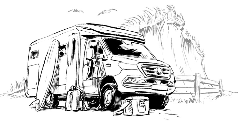 Wohnmobil mit Surfbrettern in der Natur, ideal für Abenteuerreisen und Outdoor-Erlebnisse.