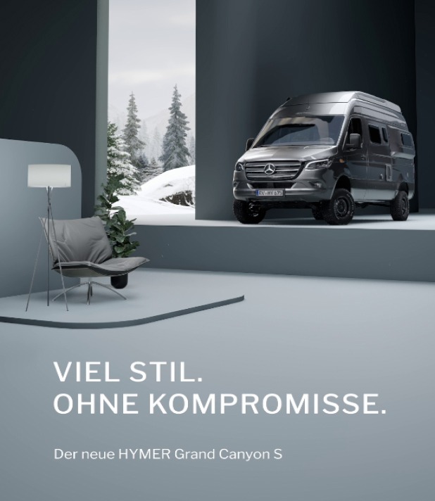 HYMER Grand Canyon S Wohnmobil, modernes Design, winterliche Landschaft, stilvolle Präsentation, Komfort ohne Kompromisse.