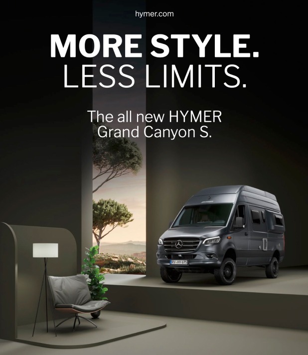 Neuer HYMER Grand Canyon S Campervan vor stilvoller Landschaft. Luxuriöses Reisen ohne Grenzen erleben.