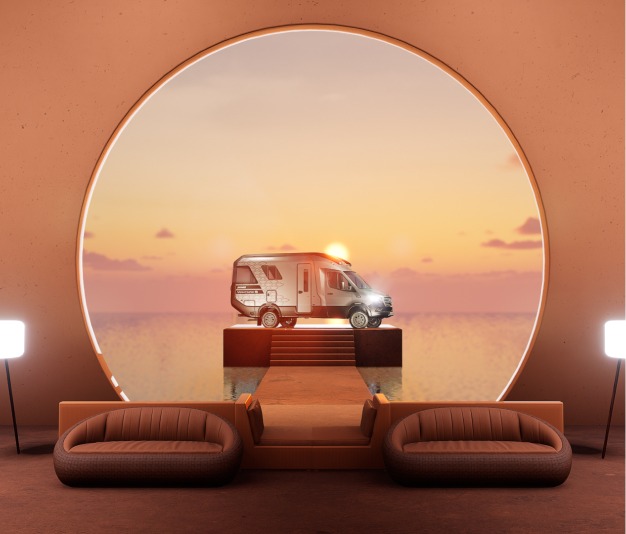 Wohnmobil vor modernem Interieur mit Sonnenuntergang über dem Meer im Hintergrund, perfekter Urlaub.