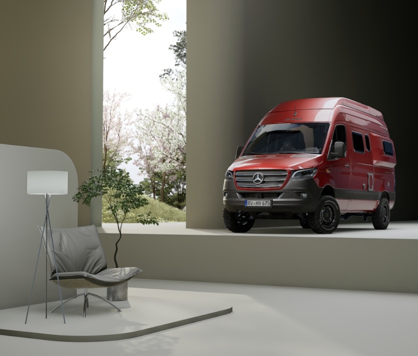 Roter Mercedes-Van parkt in modernem Innenhof mit minimalistischem Stuhl, Lampe und Pflanze im Vordergrund.