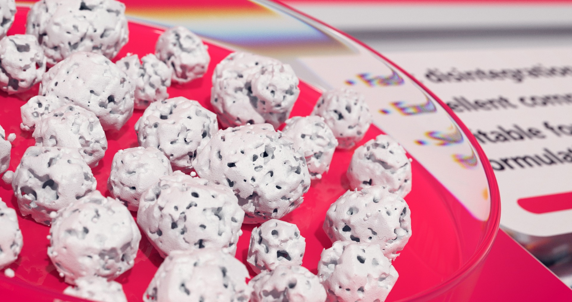 Weiße, unregelmäßige Kugeln auf einem pinken Tablett, Nahaufnahme, bunte Unschärfe im Hintergrund