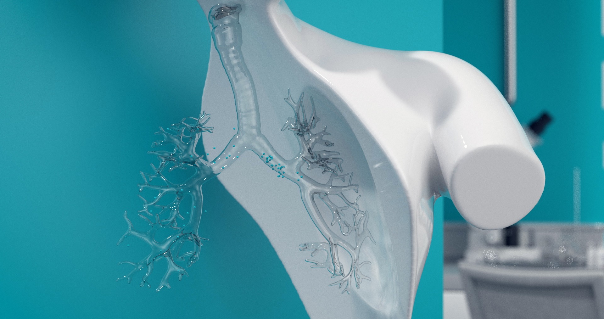 Transparente menschliche Lungenmodell-Darstellung vor blauem Hintergrund im medizinischen Labor.