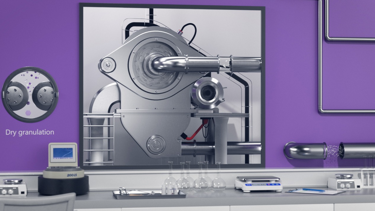 Industrielle Trockenvergranulierungsausrüstung in einem Labor mit lila Wand im Hintergrund.