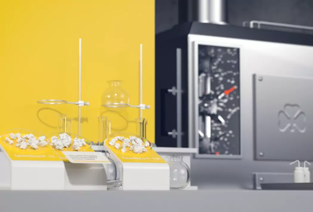 Laborumgebung mit chemischen Proben und Geräten, leuchtend gelber Hintergrund.