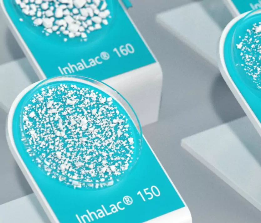 Behälter mit InhaLac® 150 und 160, gefüllt mit Pulver, angeordnet auf grauer Fläche.
