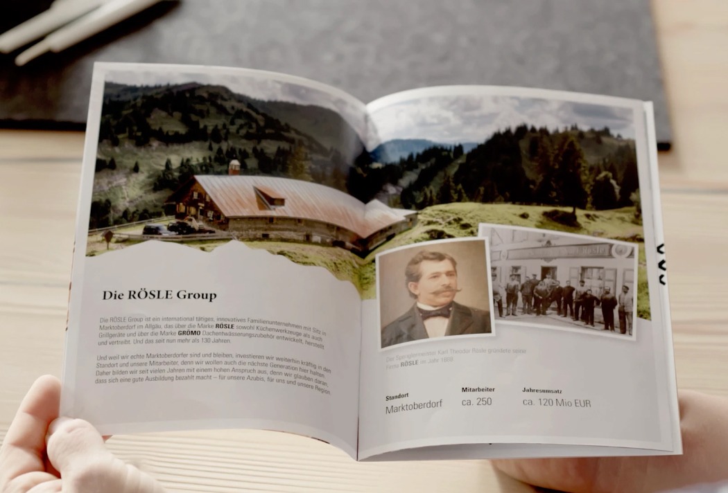 Werbebroschüre der RÖSLE Group mit Bildern der Alpenlandschaft und historischem Foto des Gründers.