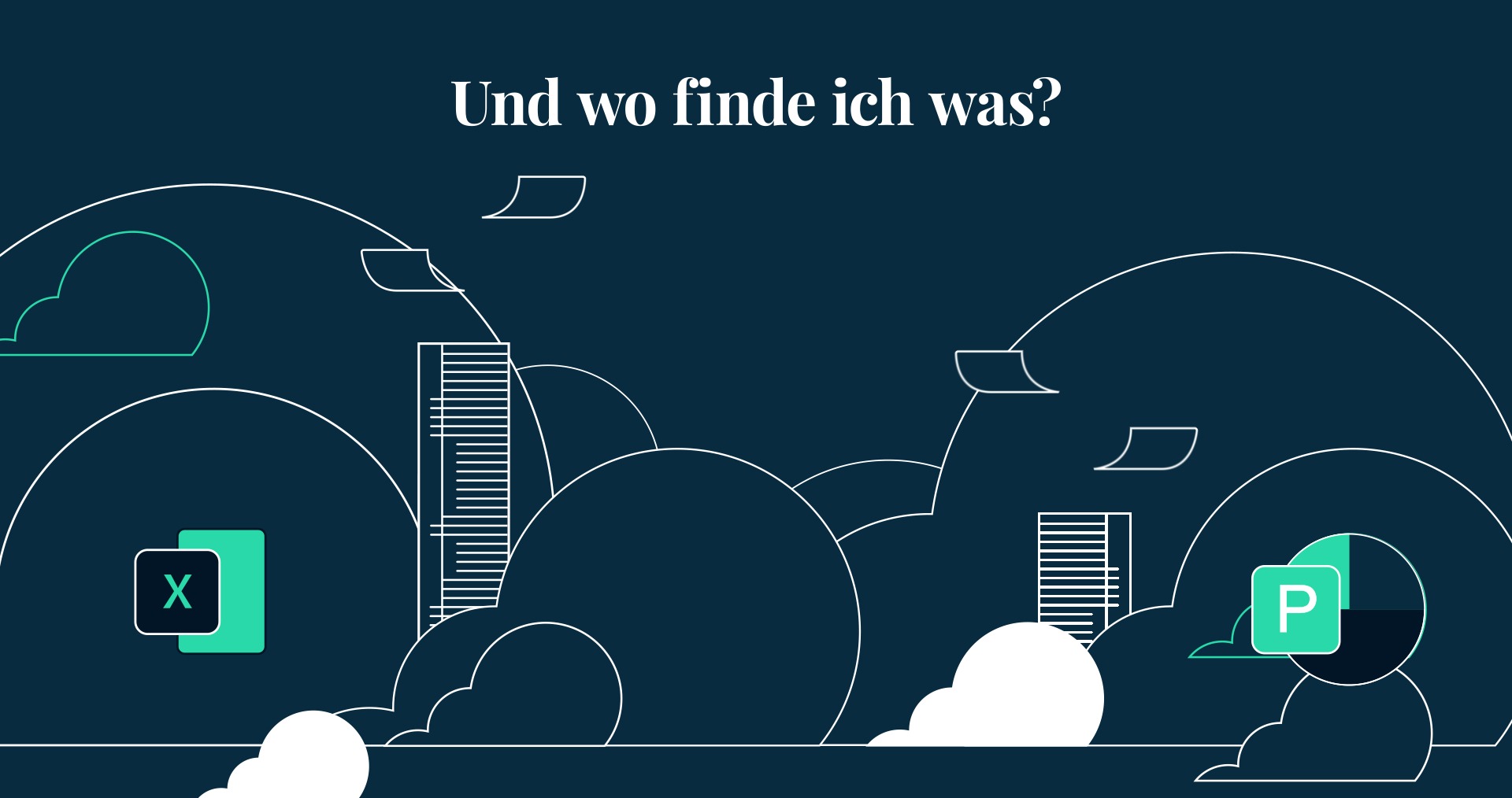 Abstrakte Grafik mit Balken und Kreisen, Text Und wo finde ich was? auf dunkelblauem Hintergrund.