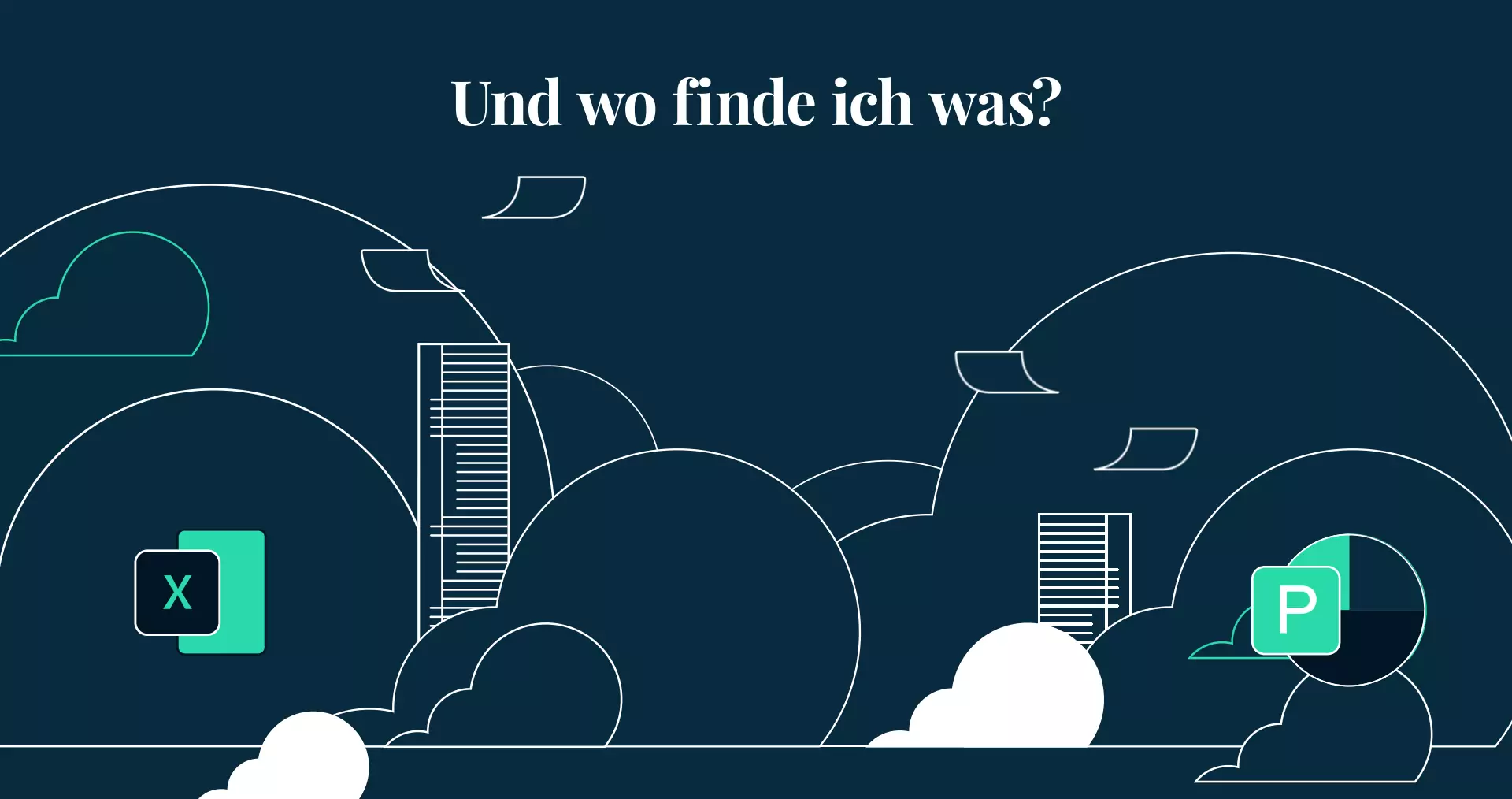 Abstrakte Grafik mit Balken und Kreisen, Text Und wo finde ich was? auf dunkelblauem Hintergrund.