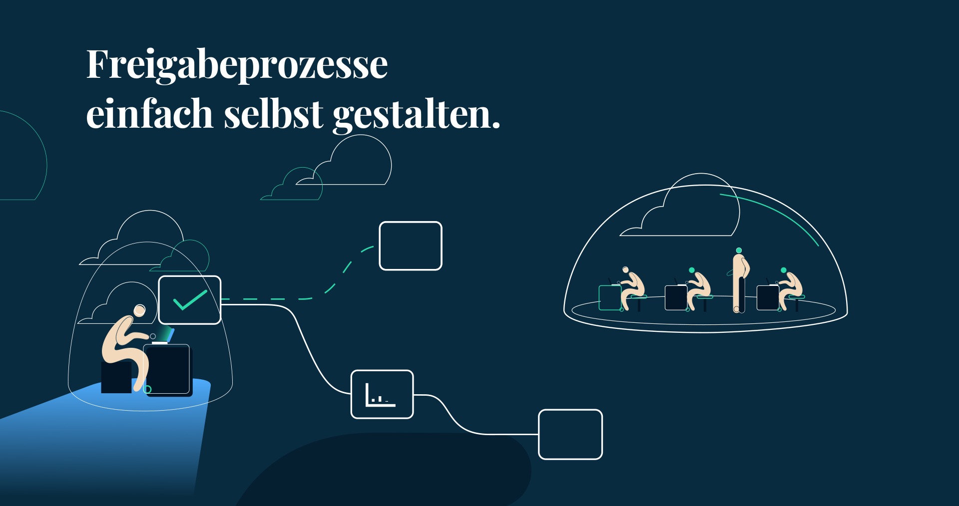 Illustration von Personen beim Gestalten eigener Freigabeprozesse in einer digitalen Umgebung.