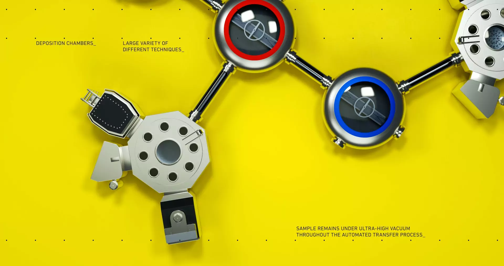 EMIL-HZB_gallery-img Vakuumtechnologie: Moderne Depositionskammern auf leuchtendem Gelb für vielfältige Anwendungstechniken.