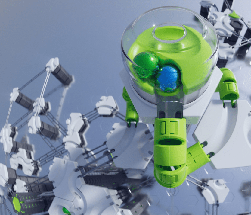 GraviTrax-Power-h356-4col Futuristisches mechanisches Gerät mit grünen und blauen Elementen vor einem technischen Hintergrund.