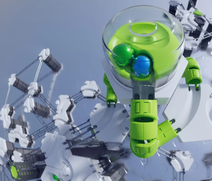 Futuristisches mechanisches Gerät mit grünen und blauen Elementen vor einem technischen Hintergrund.