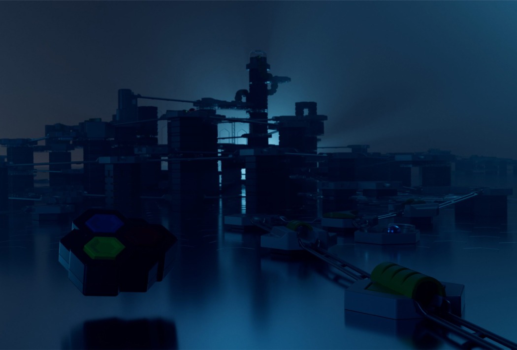 GraviTrax-Power-h356-5col Futuristische Stadt bei Nacht, mit leuchtenden Technologieelementen und reflektierenden Oberflächen im mystischen Blau.