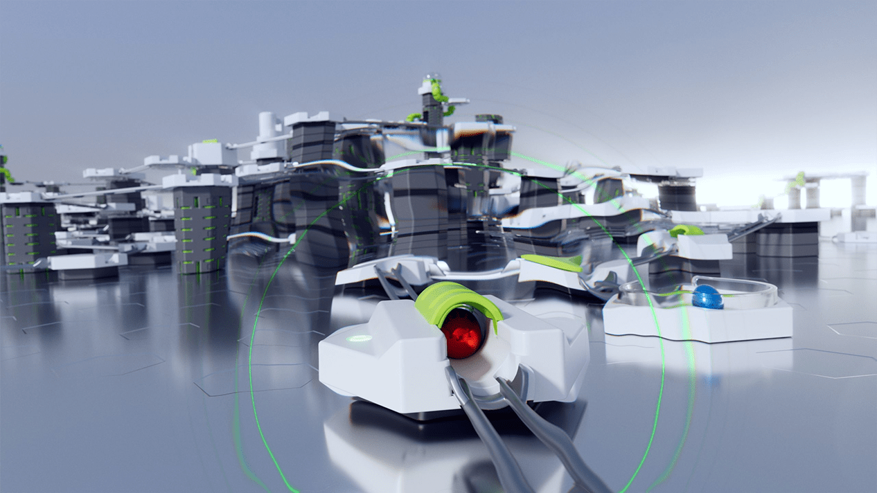 GraviTrax-Power-h356-6col Futuristische Technologie mit leuchtenden Elementen und modernen Strukturen in einer digitalen Landschaft.