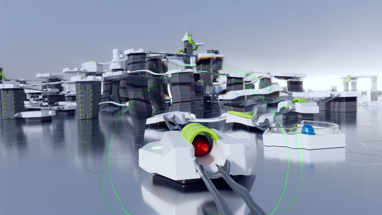 Futuristische Technologie mit leuchtenden Elementen und modernen Strukturen in einer digitalen Landschaft.