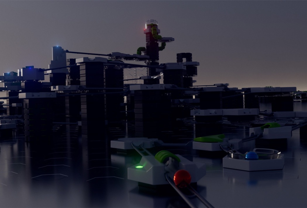 GraviTrax-Power_h356-5col Futuristische Skyline bei Nacht mit leuchtenden Elementen und modernen Strukturen im Dunkeln.