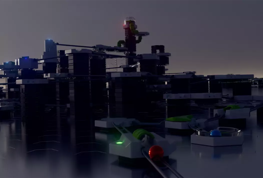 Futuristische Skyline bei Nacht mit leuchtenden Elementen und modernen Strukturen im Dunkeln.