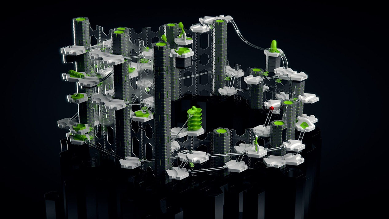 GraviTrax-Pro-h356-6col Futuristischer Kugelbahn-Labyrinthaufbau mit transparenten Ebenen und grünen Akzenten auf schwarzem Hintergrund.