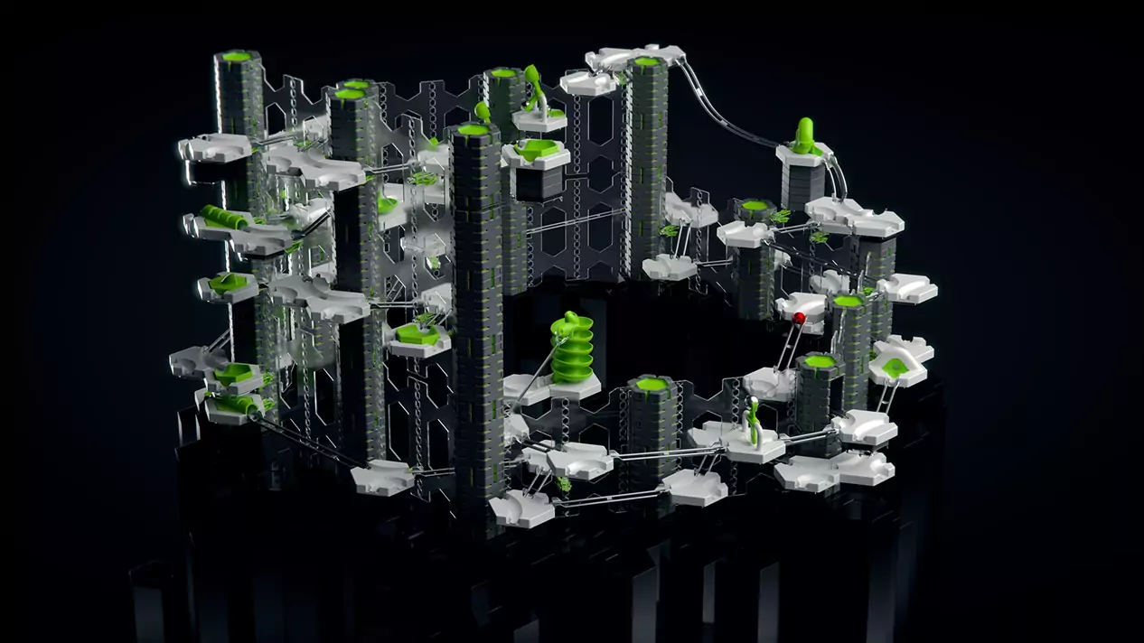 Futuristischer Kugelbahn-Labyrinthaufbau mit transparenten Ebenen und grünen Akzenten auf schwarzem Hintergrund.