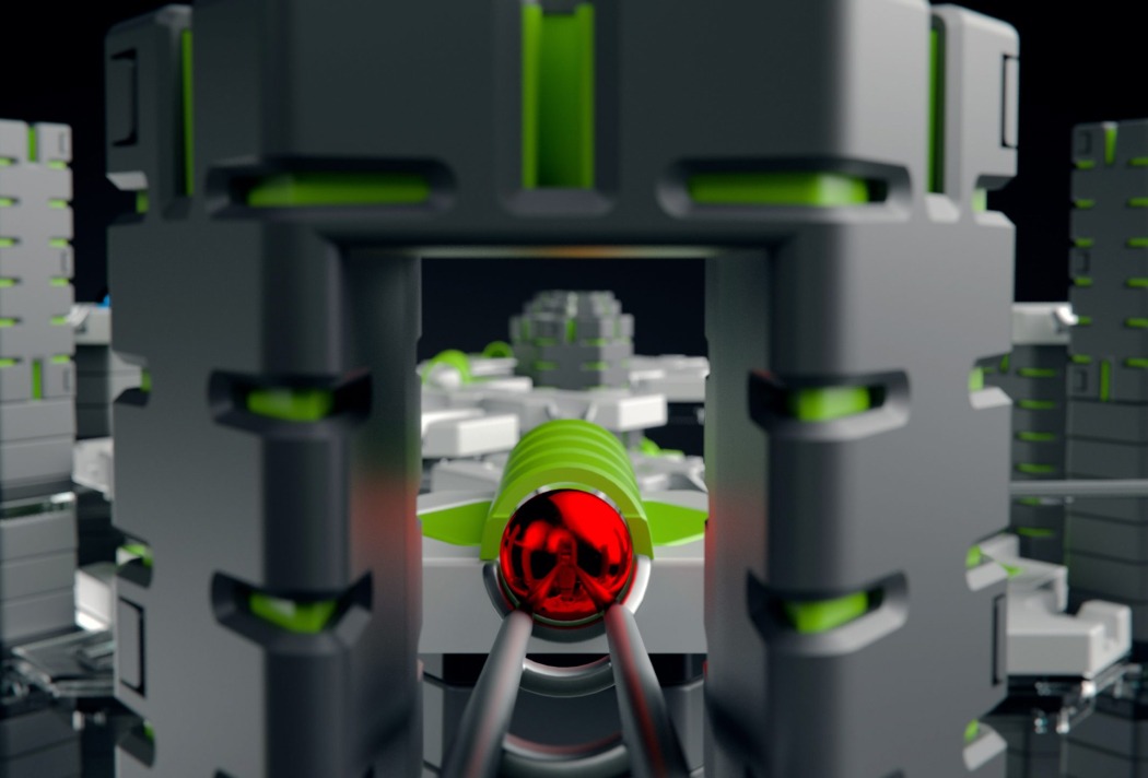 GraviTrax-Pro_h356-5col Futuristisches digitales Netzwerkdesign mit roten und grünen Akzenten und metallischen Strukturen.