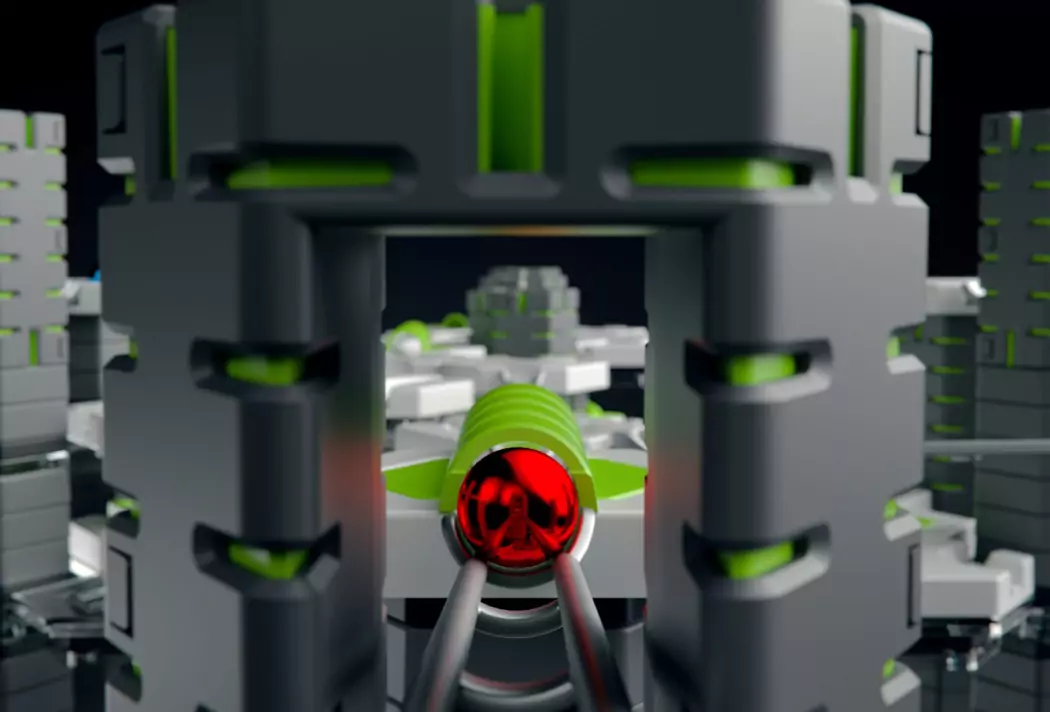 Futuristisches digitales Netzwerkdesign mit roten und grünen Akzenten und metallischen Strukturen.