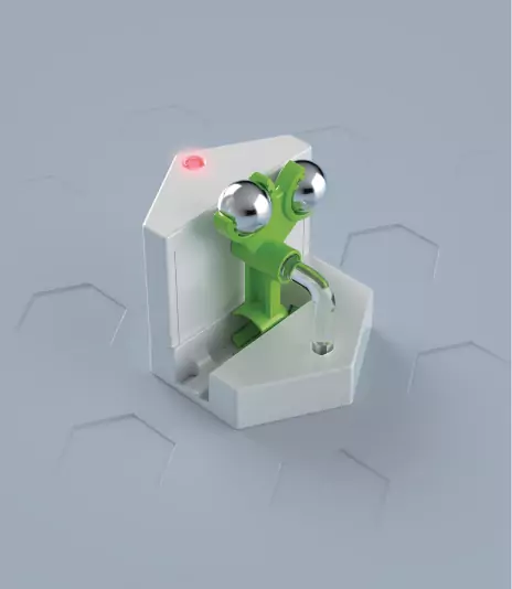 Futuristischer Wasserhahn mit grünem Hebel und silbernen Knöpfen, hexagonaler Hintergrund, modernes Design.