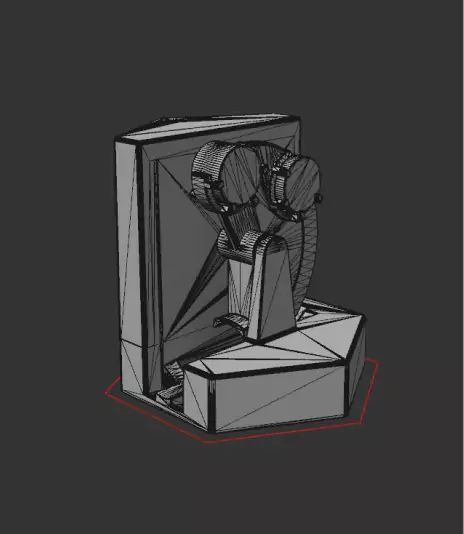 3D-Modell eines stilisierten Vogels in geometrisch-abstrakter Form auf dunklem Hintergrund.