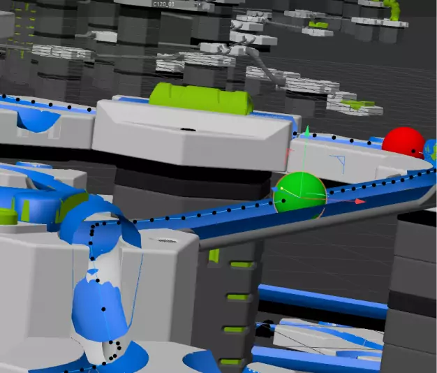 3D-Render einer Spielzeugkugelbahn mit bunten Kugeln auf einer blauen Strecke in industrieller Umgebung.