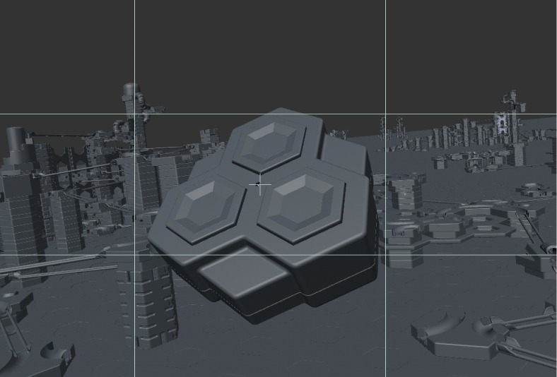 GraviTrax-makingOf-h356-5col Futuristische 3D-Landschaft mit geometrischen Formen und abstrakten Strukturen in grauen Tönen.