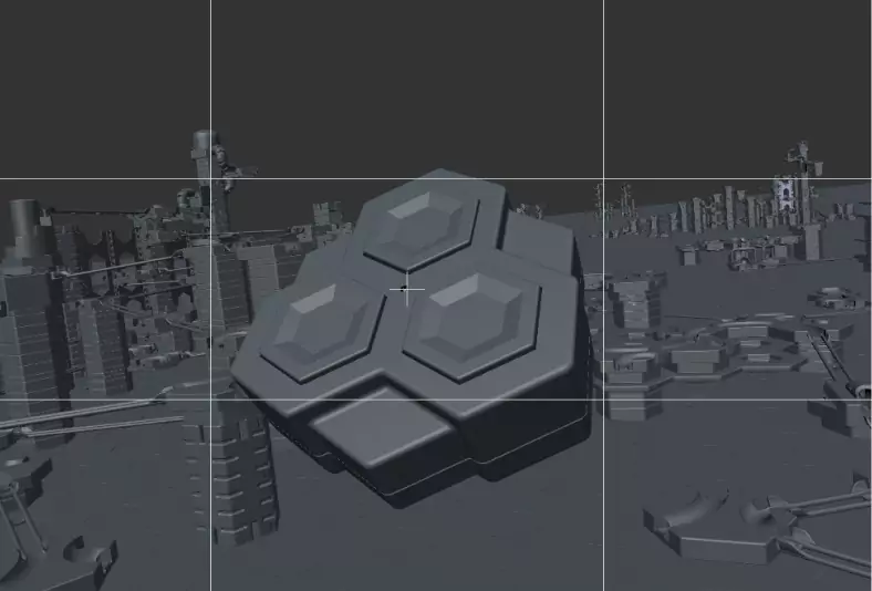 Futuristische 3D-Landschaft mit geometrischen Formen und abstrakten Strukturen in grauen Tönen.