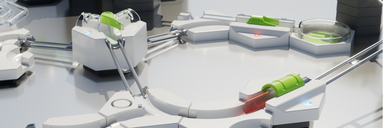 GraviTrax-makingOf-h356-6col Futuristisches Spielzeug mit weißen Modulen und grünen Akzenten auf einem hochwertigen Untergrund.