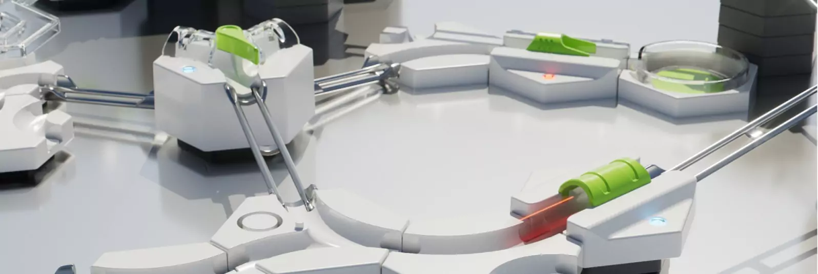 Futuristisches Spielzeug mit weißen Modulen und grünen Akzenten auf einem hochwertigen Untergrund.