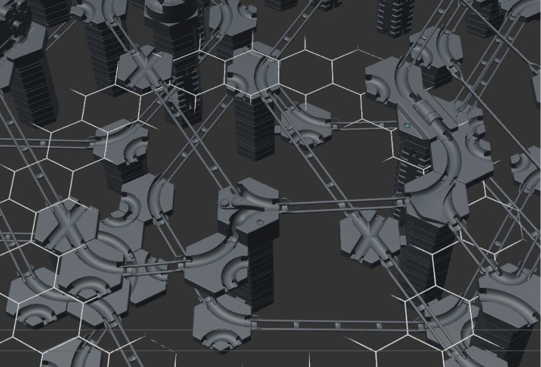 GraviTrax-makingOf_h356-5col Futuristische Netzwerkkonstruktion mit hexagonalem Muster und verketteten Strukturen auf dunklem Hintergrund.