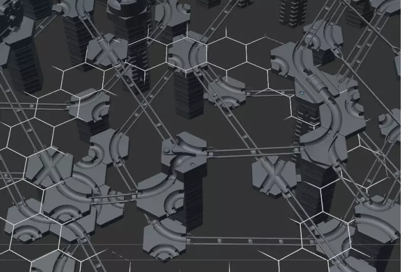 Futuristische Netzwerkkonstruktion mit hexagonalem Muster und verketteten Strukturen auf dunklem Hintergrund.