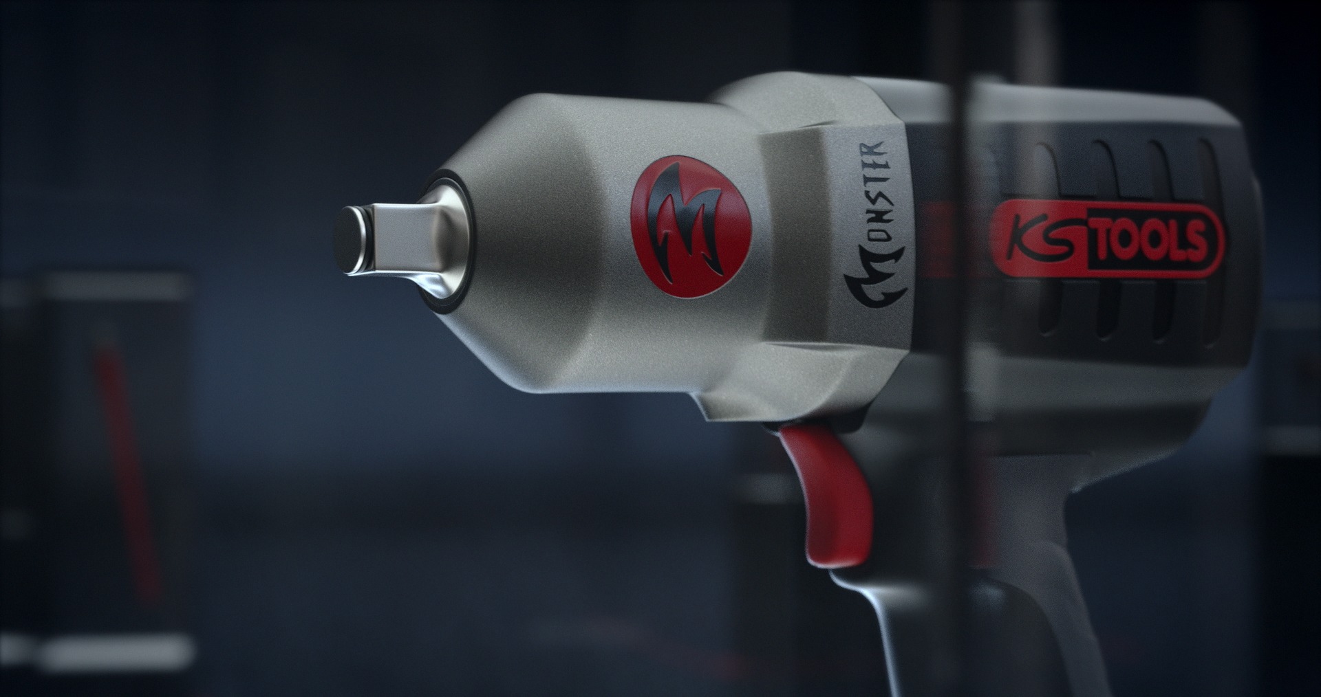 Luft-Schlagschrauber von KS Tools in modernem Design, Nahaufnahme auf dunklem Hintergrund.