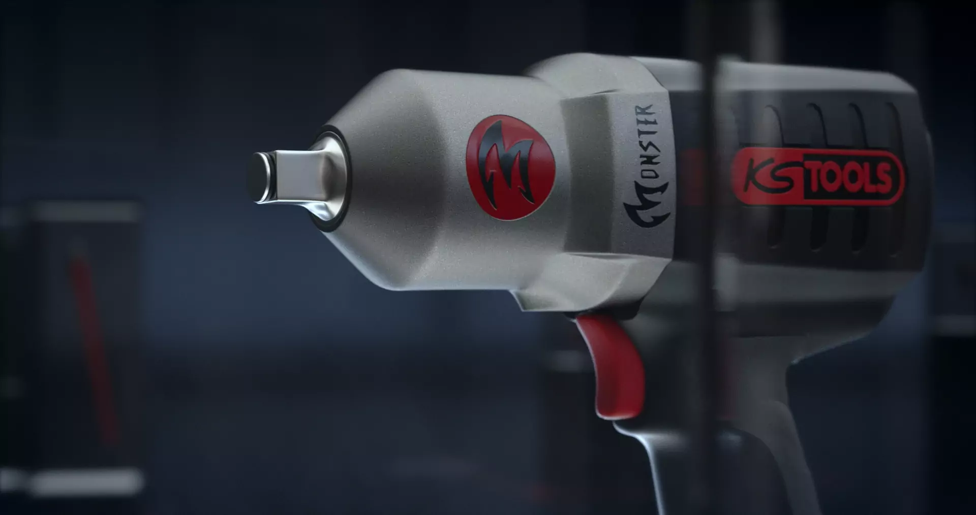 Luft-Schlagschrauber von KS Tools in modernem Design, Nahaufnahme auf dunklem Hintergrund.