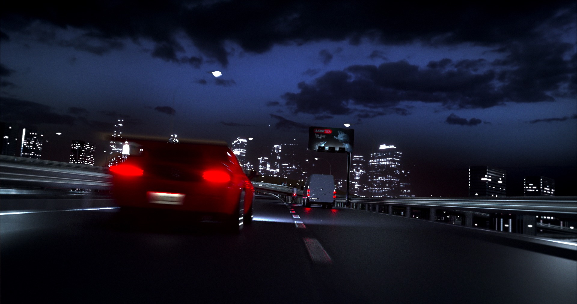 Auto bei Nacht auf der Autobahn, beleuchtete Stadt im Hintergrund, Straße und Beleuchtung hervorgehoben.