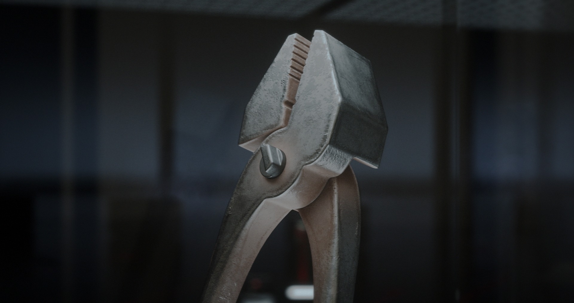 Nahaufnahme einer alten Zange mit starkem Rost vor unscharfem Hintergrund, Detailaufnahme der Backen.